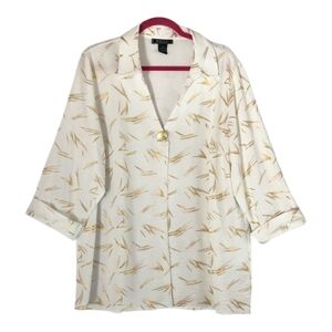 NYCC Elegant White and Gold Collar V Neck  3/4 Cuff Sleeve Blouse 2X